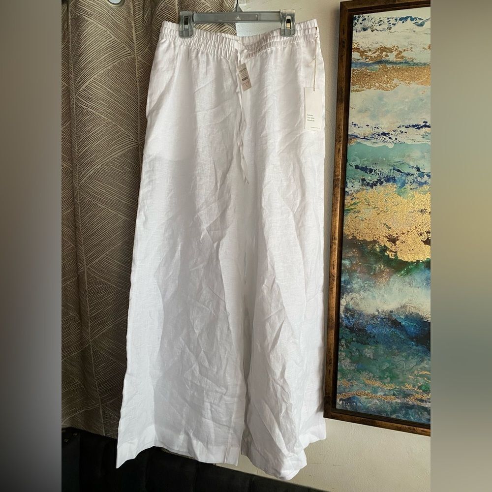 Haven Well Within Pants Size S NWT 100% Linen Wide Leg White Pockets Waist Tie